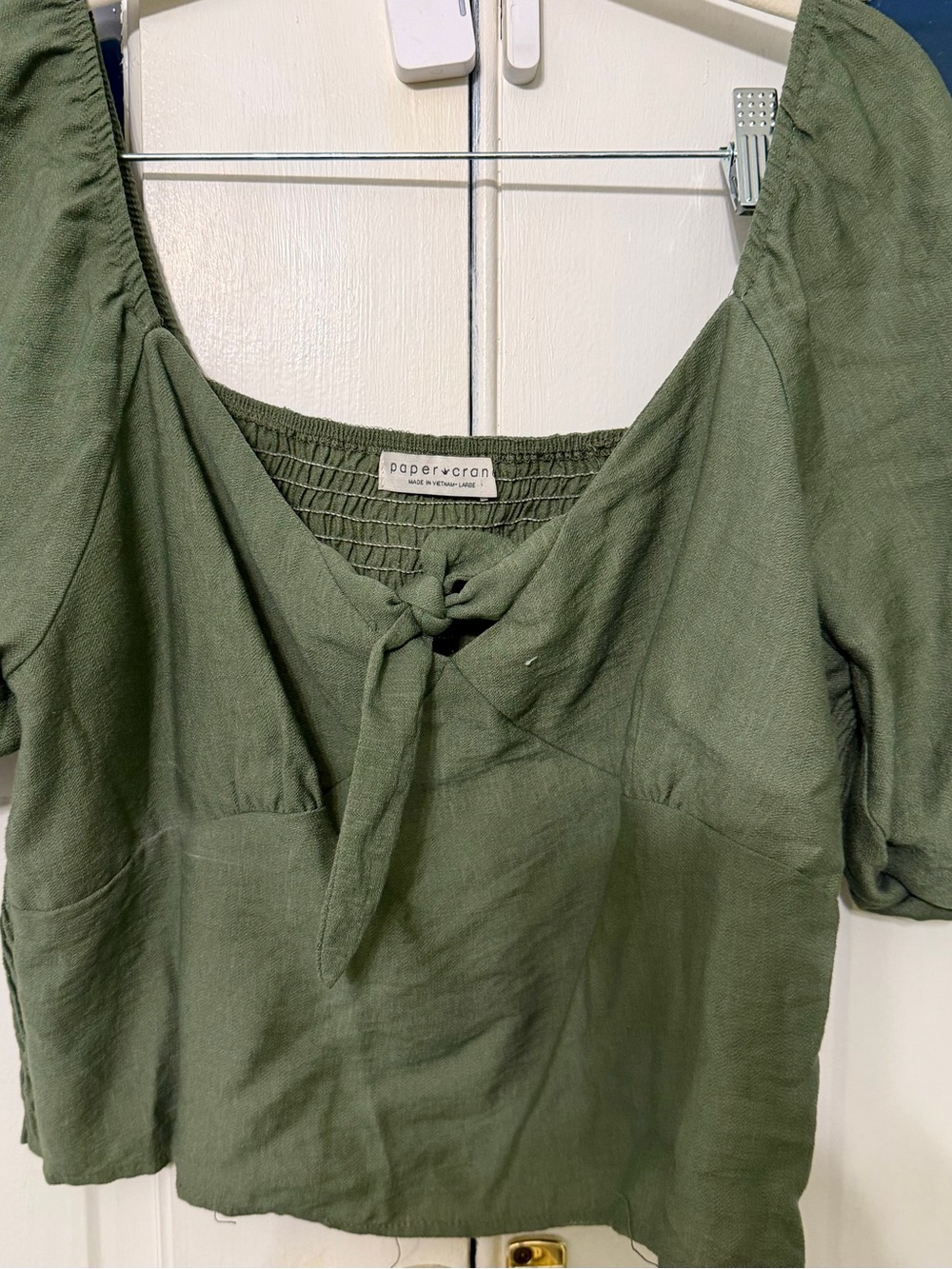 Paper Crane Olive Green Tie-Front Linen Top